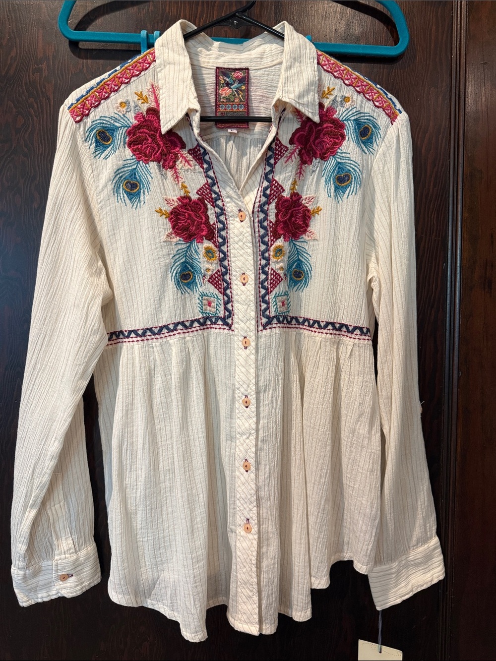 Johnny Was Cream Button-Down Top with Pink Rose & Teal Embroidery